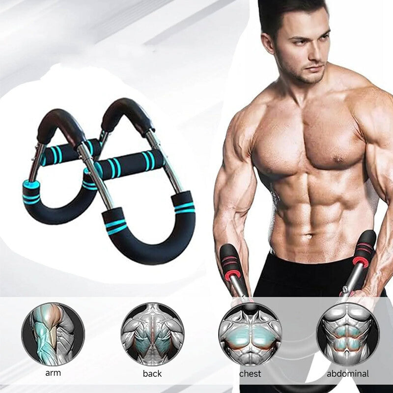 Man holding a fitness tool with muscle diagrams below on a white background