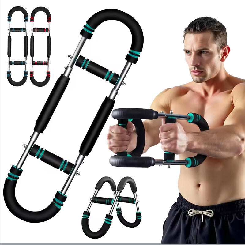 Man using a black and green resistance training device with additional devices displayed.