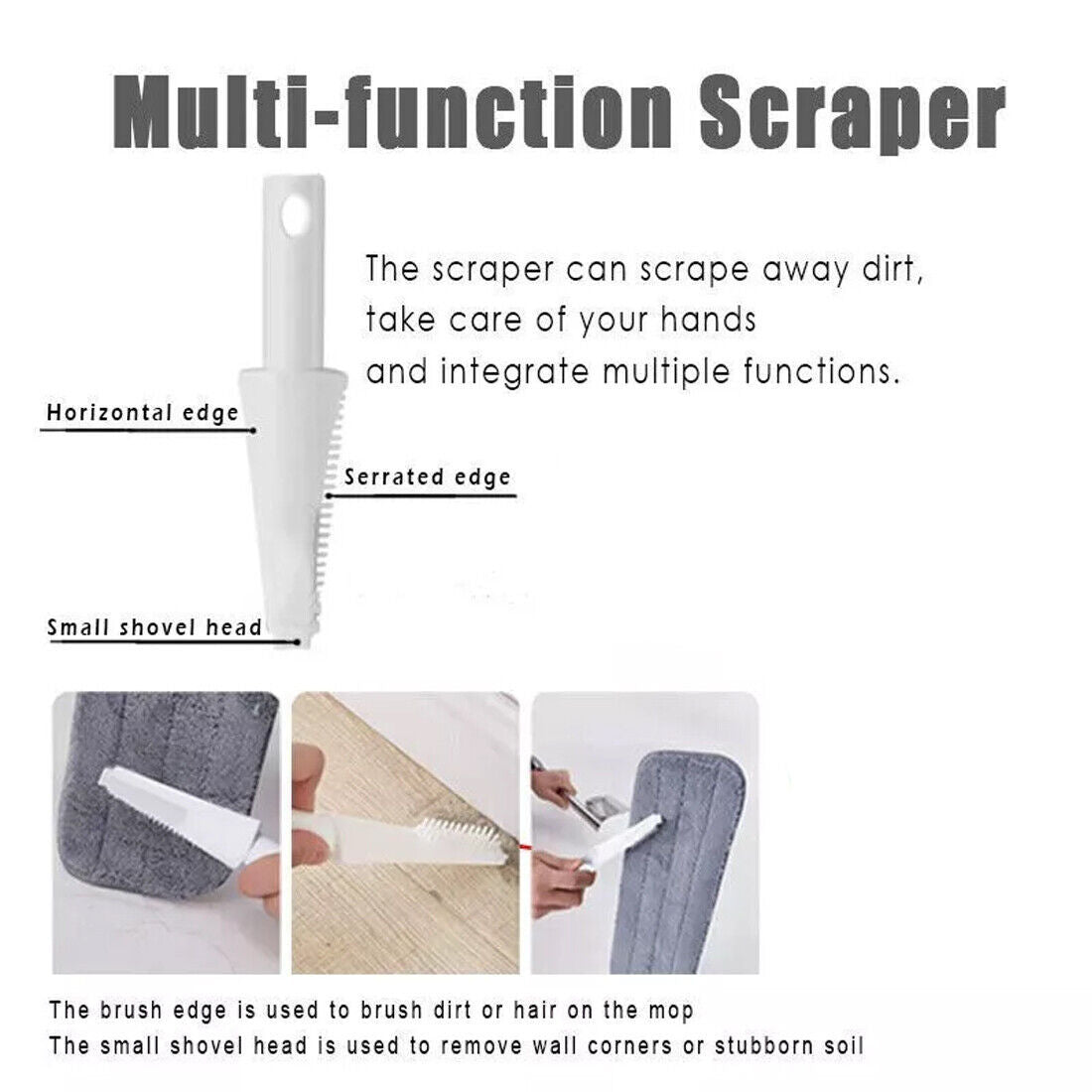 Spray mop with multi-function scraper